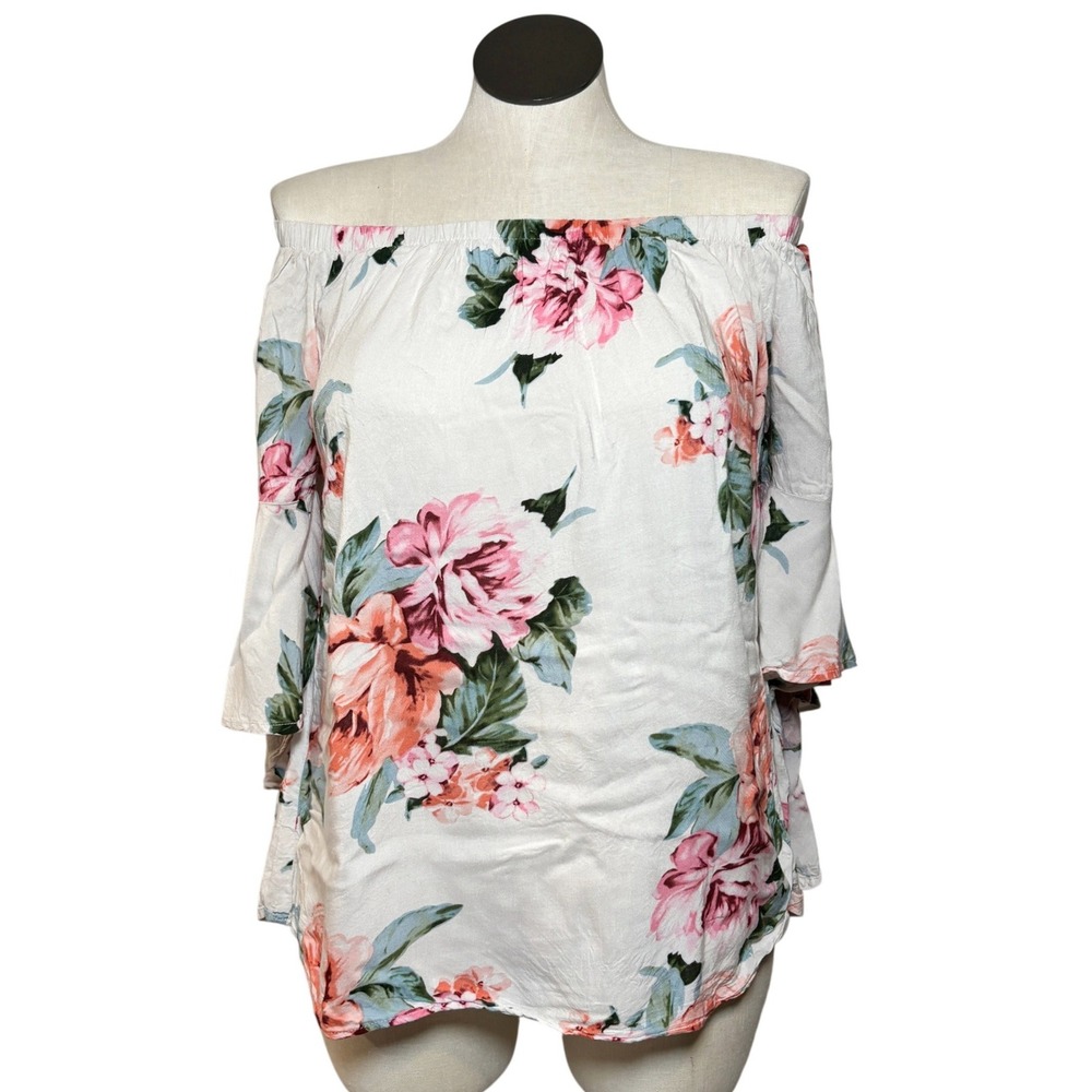 Oddy Women Plus 2XL Off Shoulder Floral Bell Sleeve Top White Pink T61564P